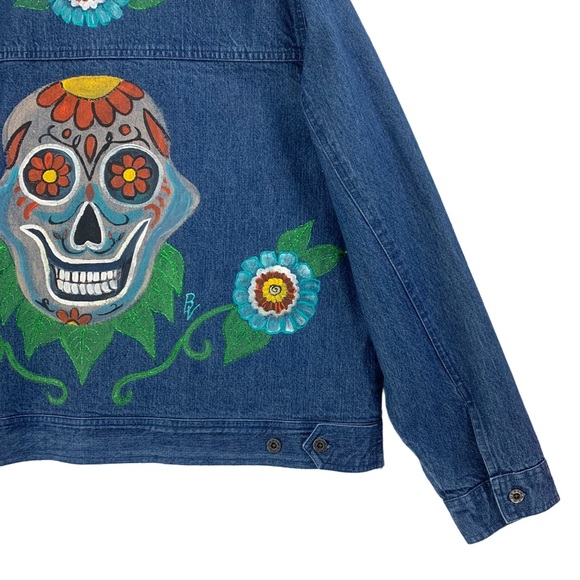 Hand Painted Blue Denim Jeans Jacket with Sugar Skull and Floral Motif - Picture 4 of 15